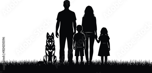 Black silhouette of a happy family standing together outdoors with their German Shepherd dog on a grass strip, representing unity, love, and protection vector illustration