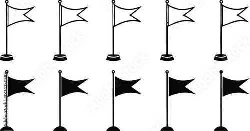 Stylized pennant flag icons, five outline and five solid black, on poles with bases, for marking locations or goals.