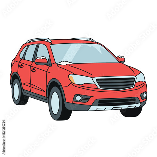 Red Crossover Car with Light Snow and Frost – Flat Vector Winter Illustration