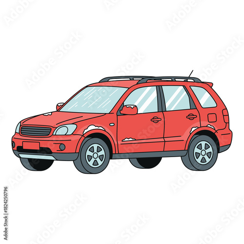 Red Crossover Car with Light Snow and Frost – Flat Vector Winter Illustration