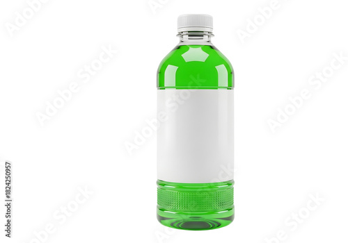 Green liquid in a clear plastic bottle with a blank label isolated on transparent background