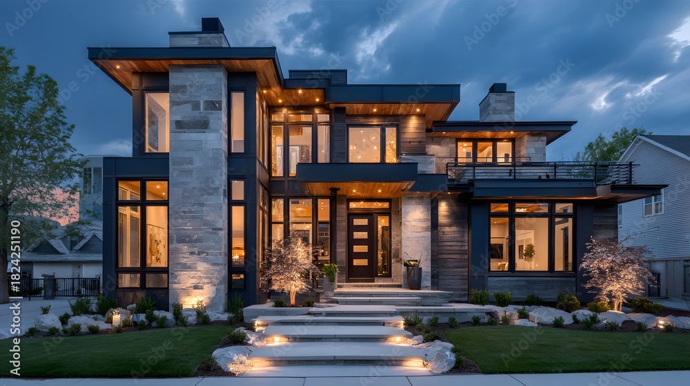 Obraz premium Luxury modern two-story house features warm interior lighting glowing at dusk with a manicured lawn and stone pathway under a blue sky.