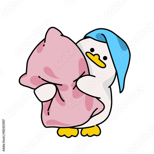Cute sleepy duck hugging a pillow and wearing nightcap.