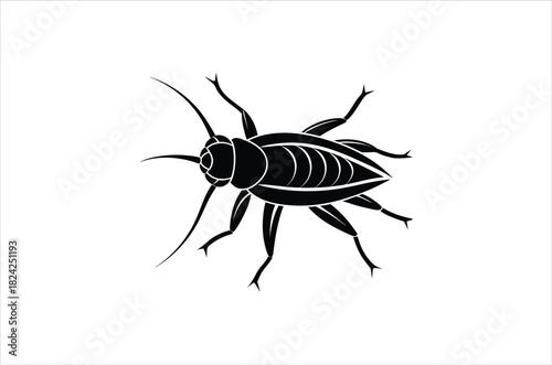 A simple black and white silhouette depiction of a cricket insect