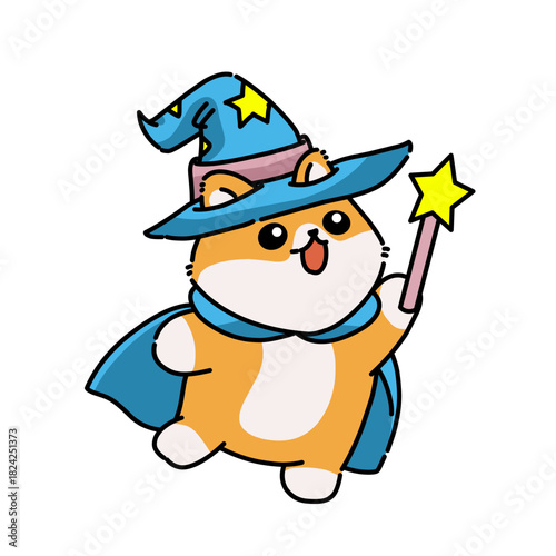 Adorable wizard cat wearing a cape and hat while holding a magic wand.