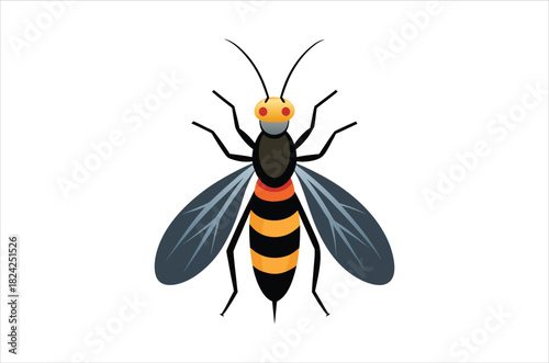 A simple black and white illustration of a wasp seen from above