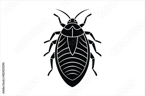 A simple black and white illustration of a stylized bed bug insect