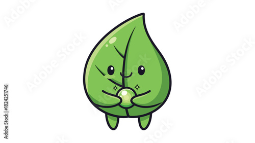 Cute Eco Leaf Mascot Character Holding Green Energy Orb Vector