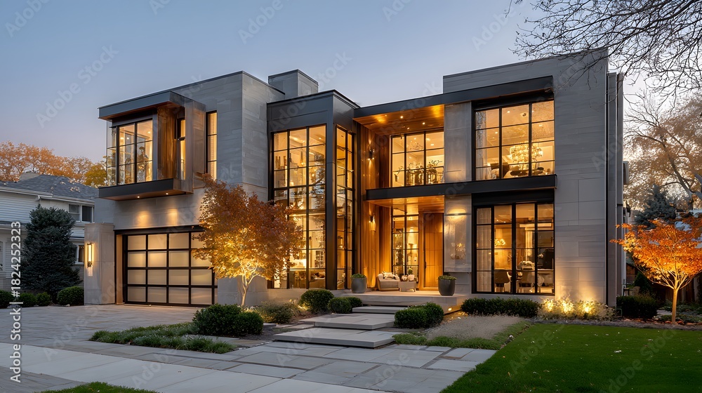 Naklejka premium Luxury modern two-story house features warm interior lighting glowing at dusk with a manicured lawn and stone pathway under a blue sky.