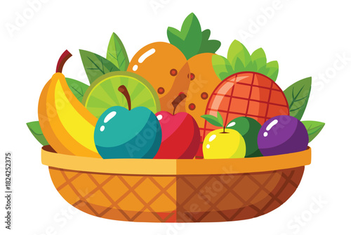 Fresh colorful fruits are carefully arranged in a woven basket with bright green leaves