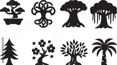 Cultural Themed Tree Silhouette Icon Set – Bonsai, Celtic Knot, Baobab, Banyan, Pine, Sakura, Olive – Minimal Line Icons.