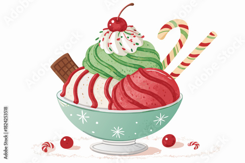 Depicting Christmas Ice Cream Sundae With Candy Cane Dynamic Professional Photo