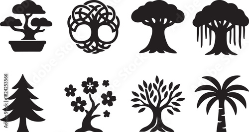 Cultural Themed Tree Silhouette Icon Set – Bonsai, Celtic Knot, Baobab, Banyan, Pine, Sakura, Olive – Minimal Line Icons.