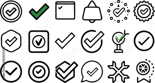 Collection of diverse checkmark icons illustrating approval, completion, success, and verification