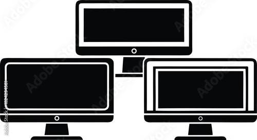 Networked computer monitors connection icon representing data sharing and distributed systems technology.