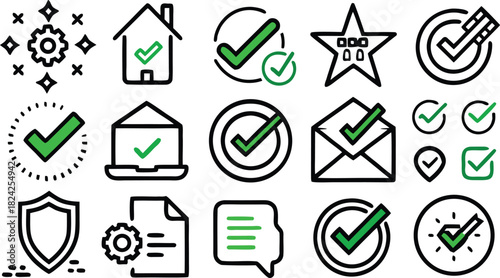 Collection of line icons with green checkmarks for verification, approval, confirmation, and success