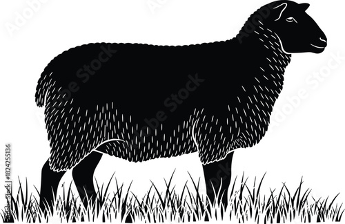 Detailed black silhouette of a domestic sheep standing in profile on a patch of grass, featuring textured wool, representing livestock, agriculture, farming, and wool production vector illustration
