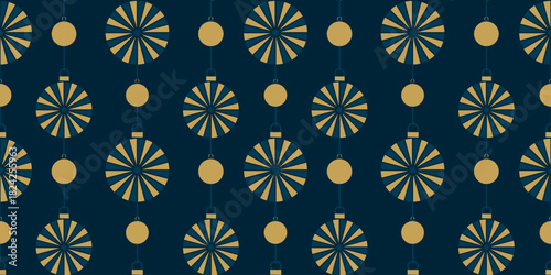 Vector seamless ornament of Christmas tree baubles on dark blue background. Perfect for textile printing, wrapping paper and festive seasonal designs