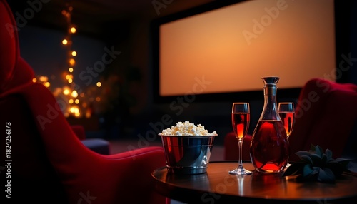 Romantic movie night snacks, including popcorn buckets and themed drinks