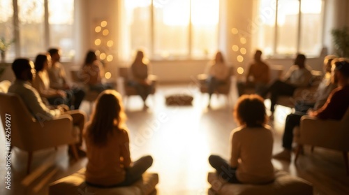 Support group sitting in circle during warm evening therapy session