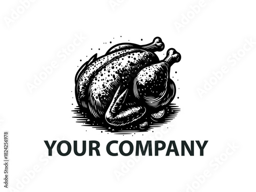 Chicken silhouette displayed as a simple black vector emblem design. Farm animal concept