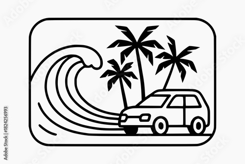 Minimalist black and white line illustration of a car, ocean wave, and palm trees in a tropical coastal scene.