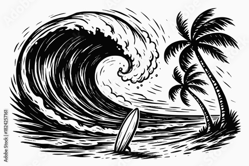 Black and white line illustration of a powerful ocean wave, surfboard, and palm trees in a tropical scene.
