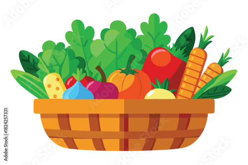 Woven basket overflows with colorful harvested vegetables and leafy greens, creating a vibrant food display