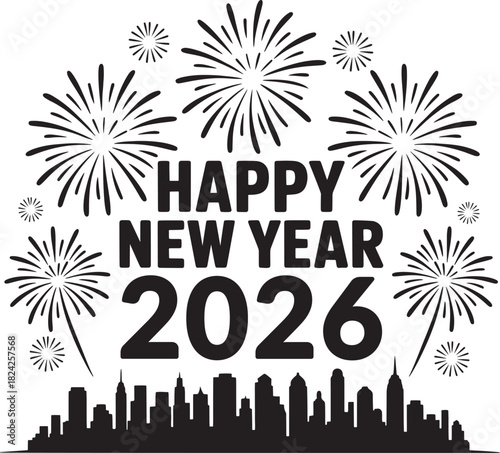 Happy new year 2026 fireworks display over a city skyline