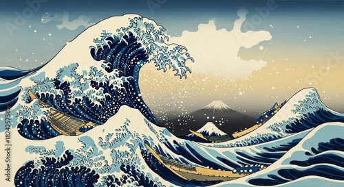 Pixel art style of the great wave off kanagawa