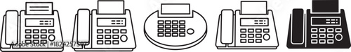 Fax machine icon set in diverse styles, featuring detailed outline and solid fill designs for communication, office, and business technology. Vector