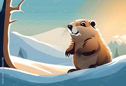Cute Groundhog in Winter Snow Landscape Cartoon Illustration