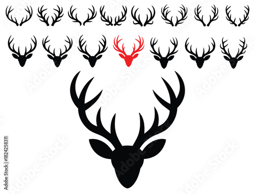 A set of vector illustrations of antlers. Collection of silhouettes of black deer antlers and horns isolated on a white background