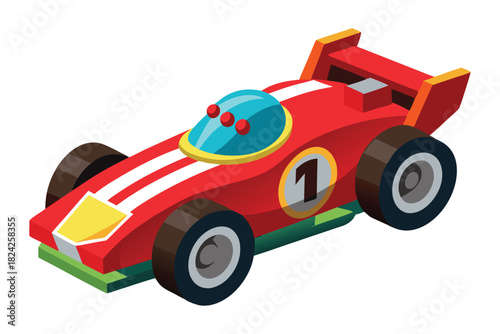 Isometric red toy racecar displays number one with a sporty, stylized appearance