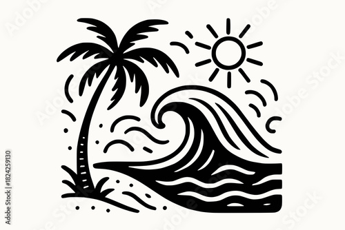 Minimalist black and white line illustration of a palm tree, ocean wave, and sun in a tropical beach scene.