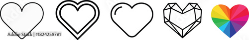Varied heart icons showcase diverse styles from simple outline to geometric and vibrant rainbow, symbolizing love, connection, and inclusivity. Vector