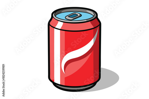 Red soda can with a white wave and a blue top stands upright