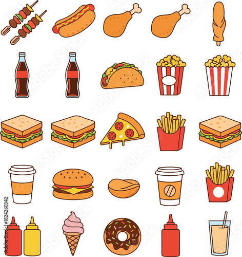 Fast food vector, food icons, food courts vector icon, colorful fast foods vector illustration