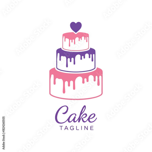 Elegant three tiered wedding cake with pink and purple frosting and a heart topper