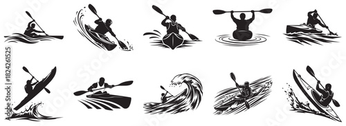 Various black and white silhouette illustrations of people kayaking