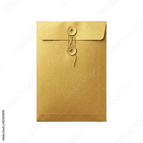 A brown kraft paper envelope with string and button closure, transparent background
