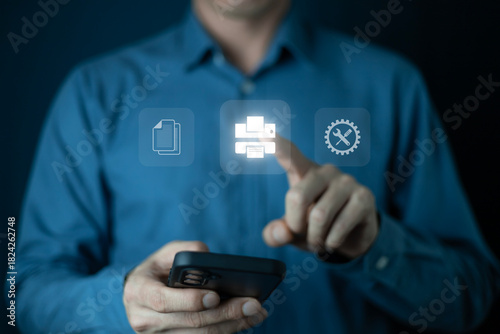 Cloud printing concept. Man use smartphone to wireless printer. Cloud print concept