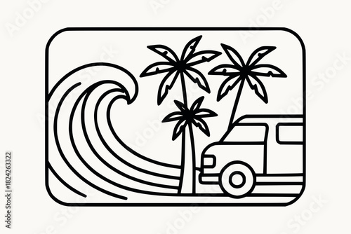 Minimalist black and white line illustration of a car, ocean wave, and palm trees in a tropical coastal scene.