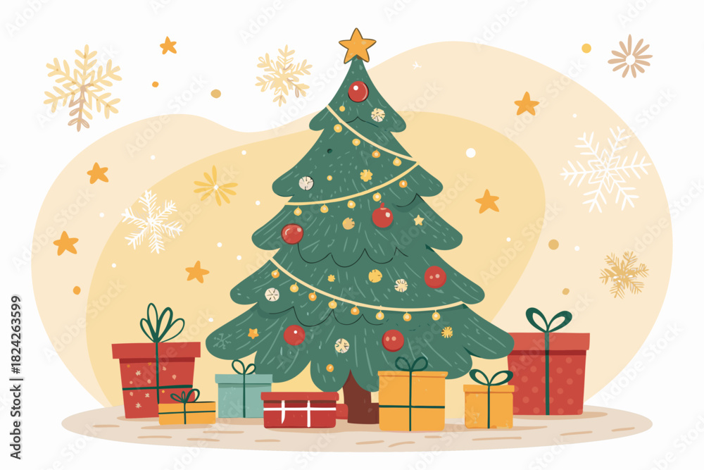 Fototapeta premium Vibrant Christmas Tree Decorated With Ornaments High-Quality Stock Image