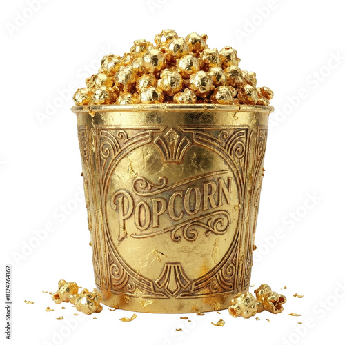 Golden popcorn in an ornate bucket, transparent background