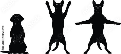 Set of three unique black dog silhouettes in funny upright and begging poses, demonstrating trained obedience, humor, trick performance, and playful animal behavior vector illustration