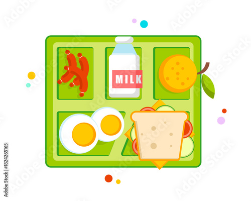 A colorful illustration of a lunch tray filled with eggs, sausages, a sandwich, milk, and an orange, representing a balanced and nutritious meal for a healthy daily diet.