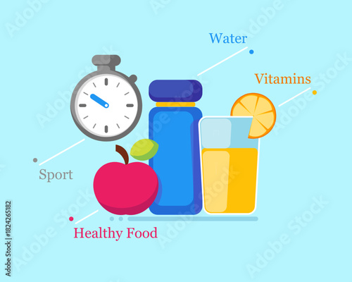 A bright illustration featuring a stopwatch, an apple, a water bottle, and a glass of juice, highlighting key healthy habits like sport, hydration, vitamins, and nutritious food.