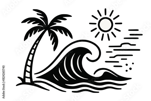 Minimalist black and white line illustration of a palm tree, ocean wave, and sun in a tropical beach scene.