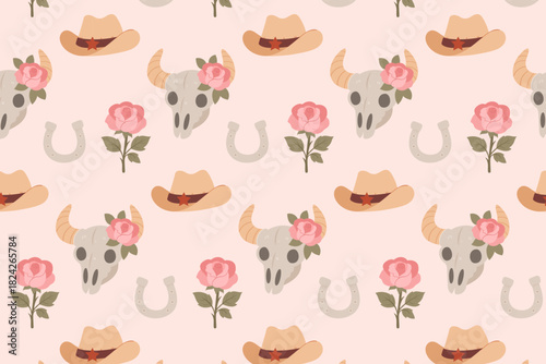 Western cowgirl seamless pattern, with hats, skulls, roses and horseshoes, swatch available in swatches panel